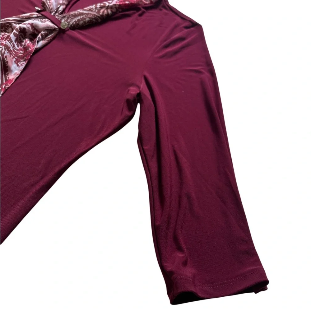 Burgundy Blouse Sz L Scarf Tie Top V Neck 3/4 Sleeve Office Career Preppy